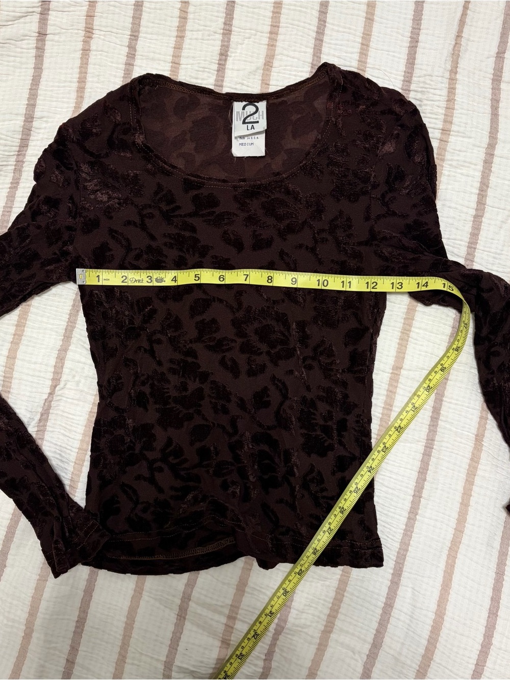 Women's Brown mesh Burnout Floral embroidered Long Sleeve Top